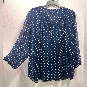 Tommy Hilfiger Navy and White Polka Dot Pintuck Blouse 3X